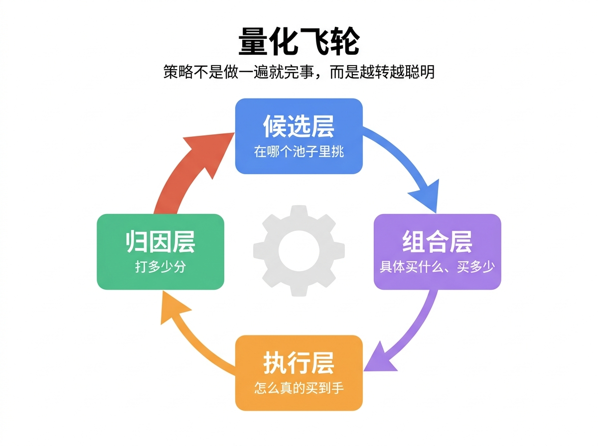 量化飞轮:候选 → 组合 → 执行 → 归因 → 反哺候选